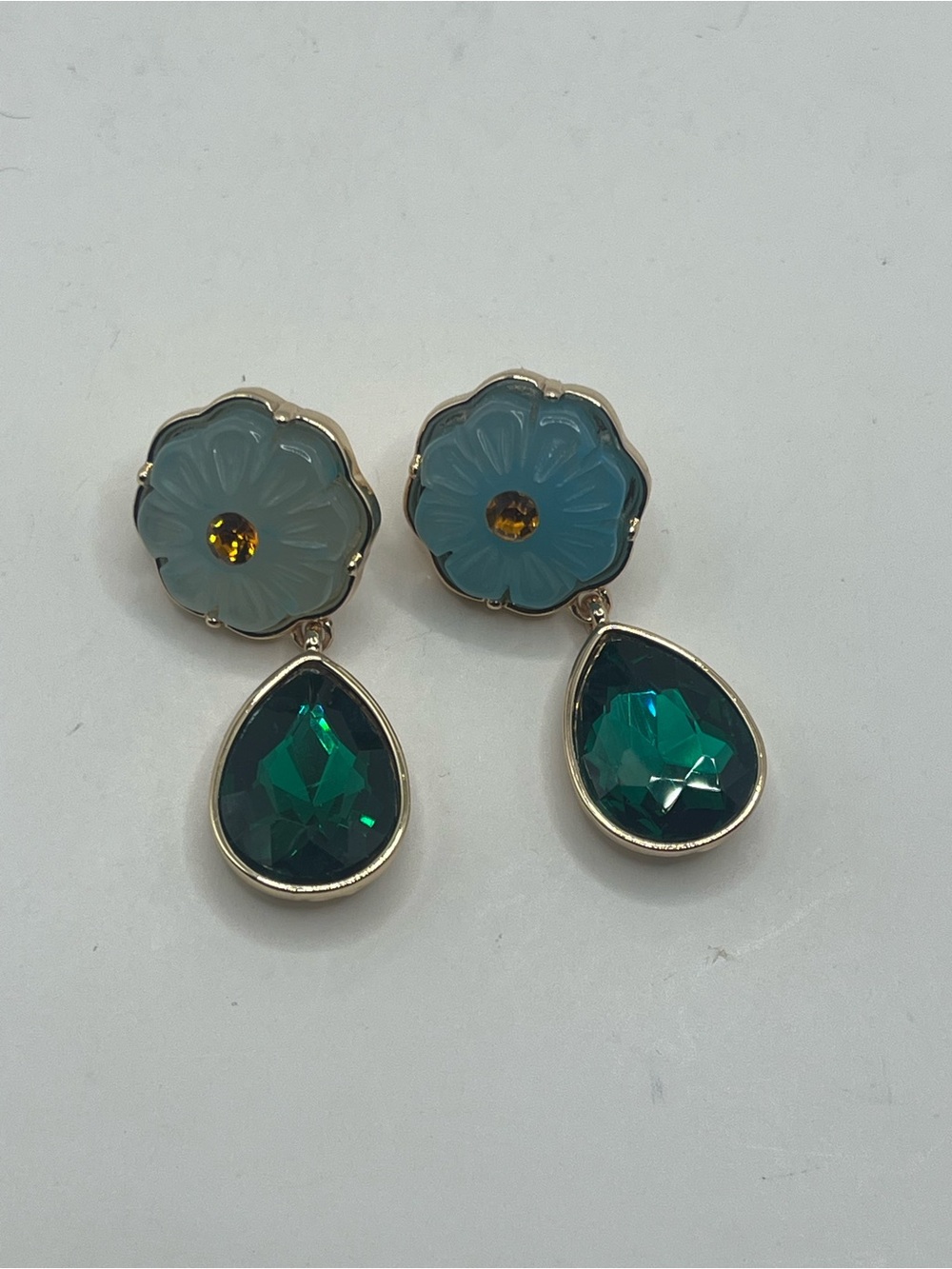 Floral Blue & Emerald Teardrop Dangle Earrings